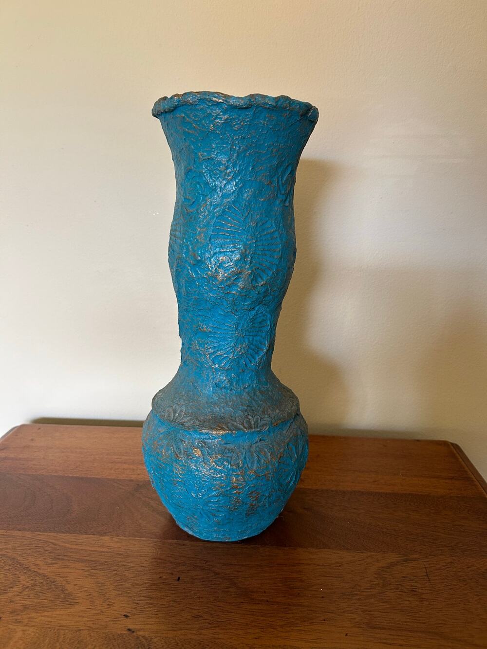 Vintage Teal Ceramic Vase Textured Bulbous Flared Rim Gold Accent